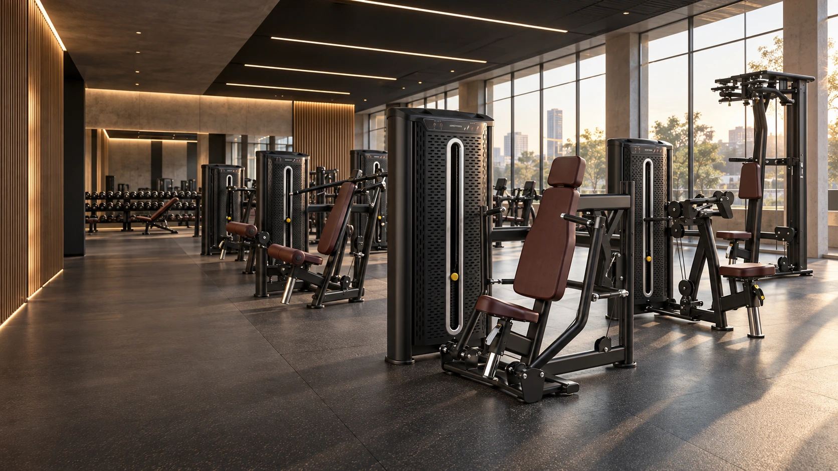 Concept visualization of a premium commercial strength floor with enclosed graphite machines, warm upholstery, architectural lighting and daylight