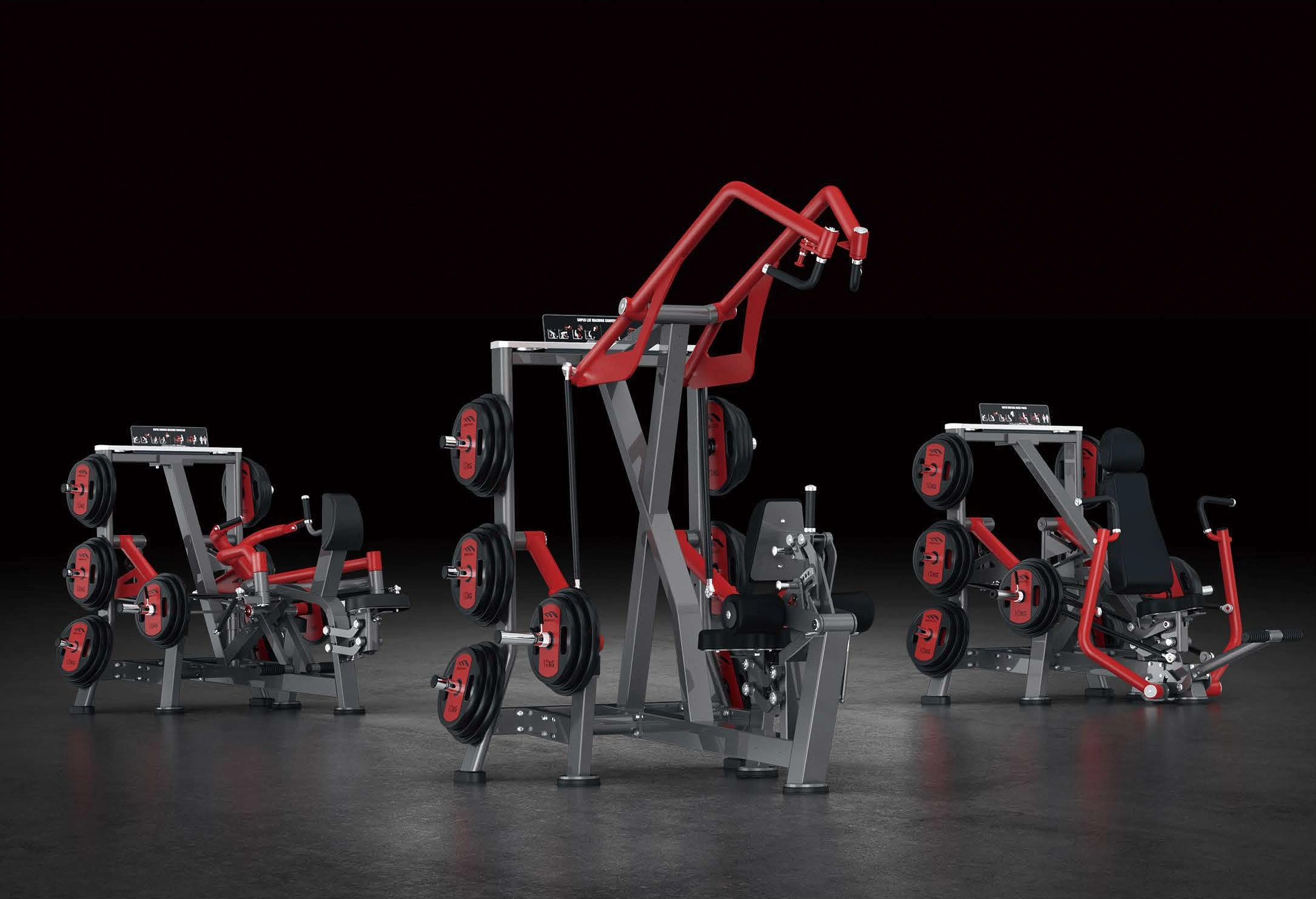 MBH METTA5 equipment showcase: three commercial plate-loaded strength machines with graphite frames and red detailing